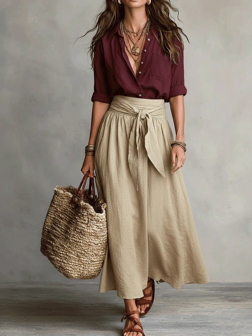Summer Short-Sleeve Suits Fashion Casual Button-Down Shirt Top And Straight Skirt Women's Two-Piece Set